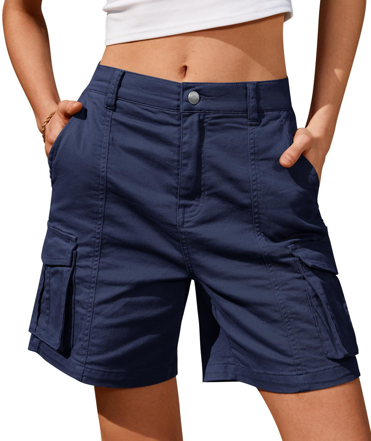 IVIR Women's Shorts Bermud Shorts for Women Cargo High Waist Long Casual Navy Blue M