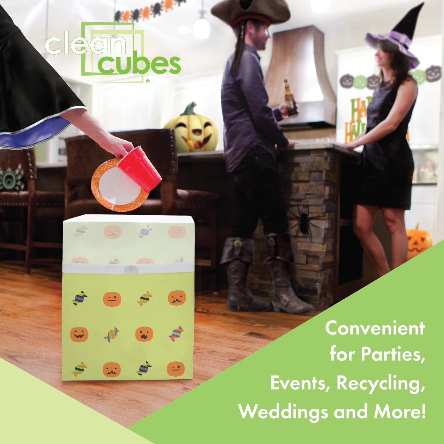 Clean Cubes 13 Gallon Disposable Pop-Up Trash Cans (3-Pack) with Fitted Bags – Foldable Garbage & Recycling Bins for Parties, Events & Kitchen (Halloween, 17" H x 13.5" W x 10" D)