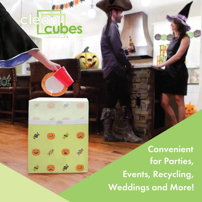 Clean Cubes 13 Gallon Disposable Pop-Up Trash Cans (3-Pack) with Fitted Bags – Foldable Garbage & Recycling Bins for Parties, Events & Kitchen (Halloween, 17" H x 13.5" W x 10" D)