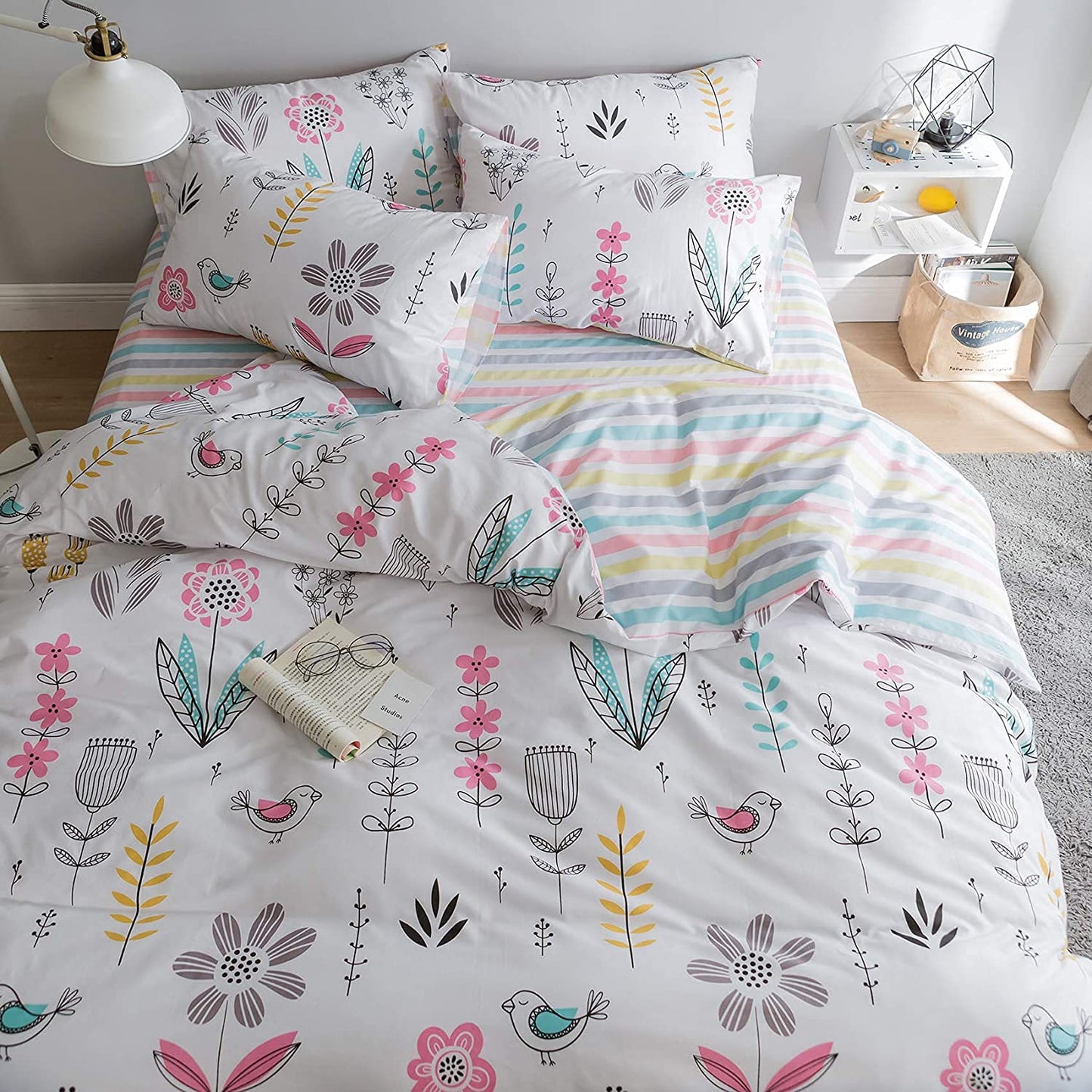 BuLuTu Floral Bird Print Pattern Girls Boys Duvet Covers Queen White Premium Cotton Nature Blossom Colorful Reversible Kids Bedroom Comforter Cover Full Bedding Sets for Teen Toddler,Zipper Closure