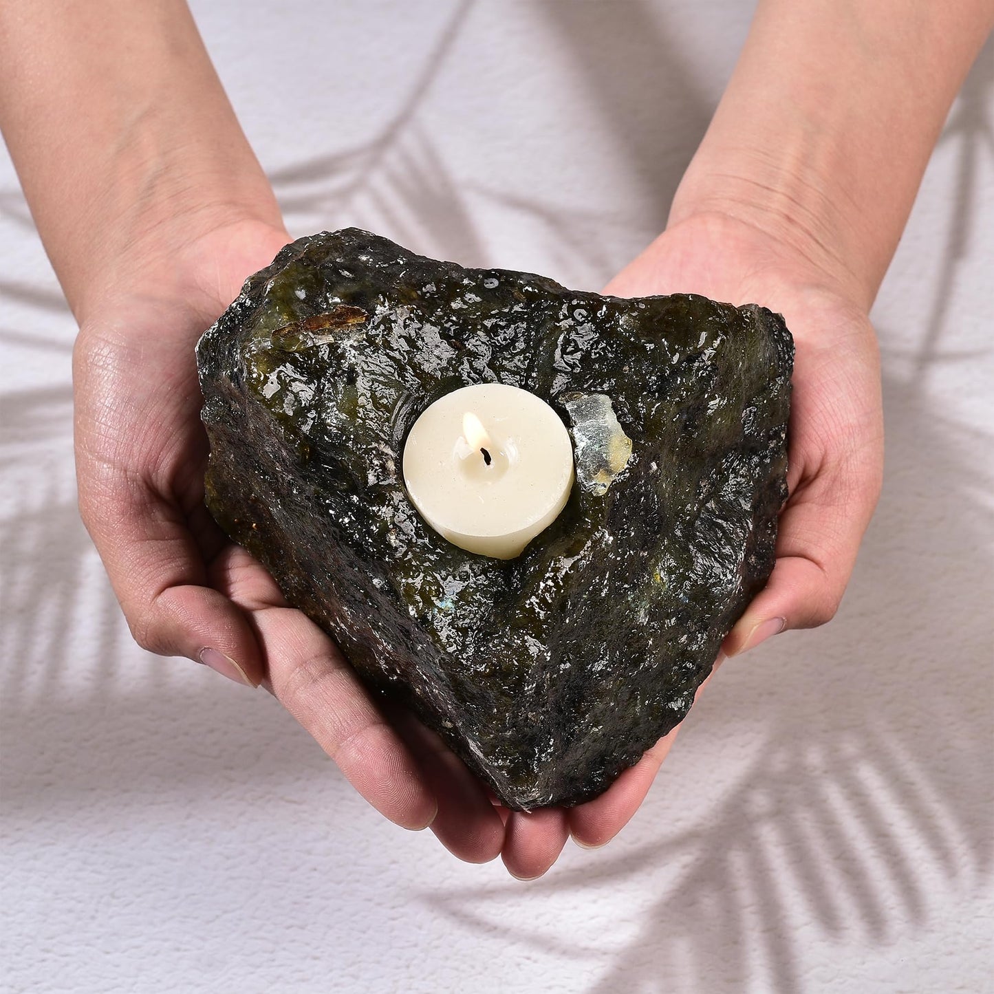 AMOYSTONE Natural Labradorite Tealight Candle Holder Healing Stone Candlestick Natural Healing Crystal Air Plant Holder 2.5-3.5 Lbs
