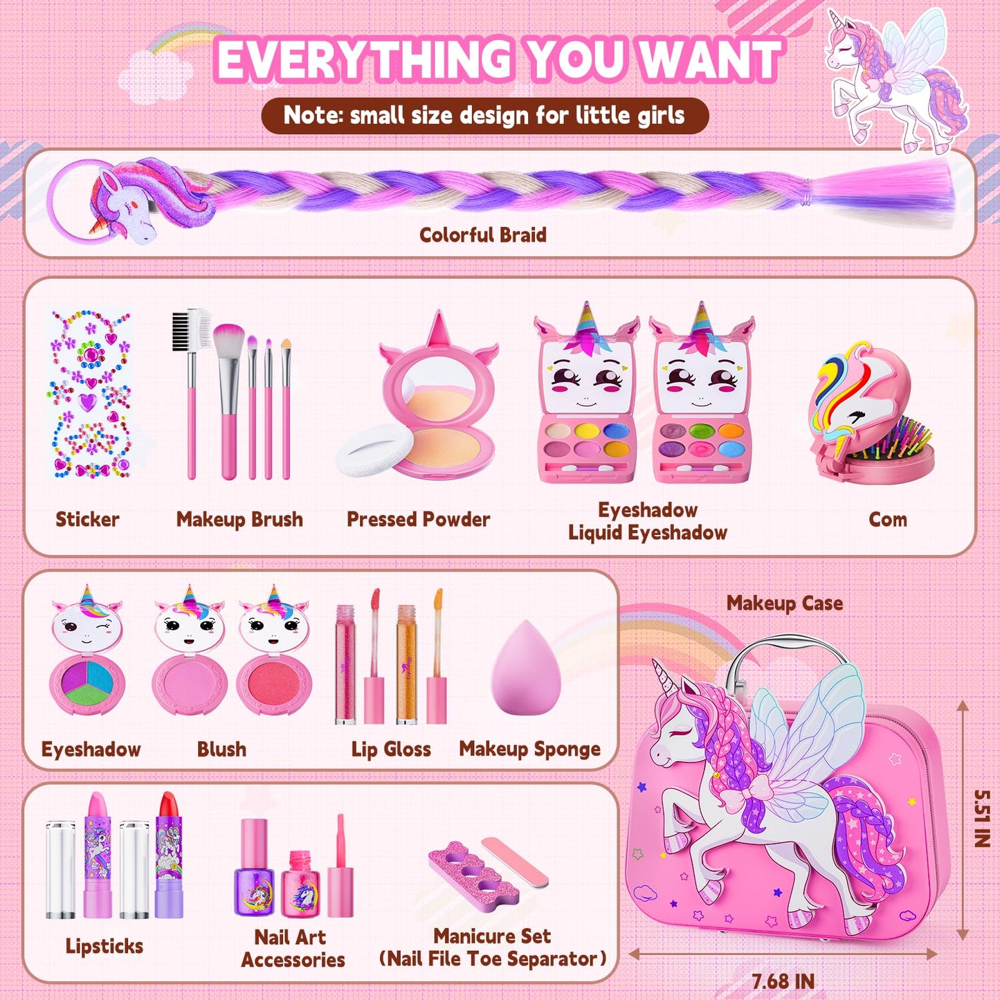 Kids Makeup Kit for Girl - Girls Makeup Kit Toys with Flying Horse Storage Case, Kids Play Makeup Set for Christmas Birthday Gift 3 4 5 6 8 10 11 12+ Years Old
