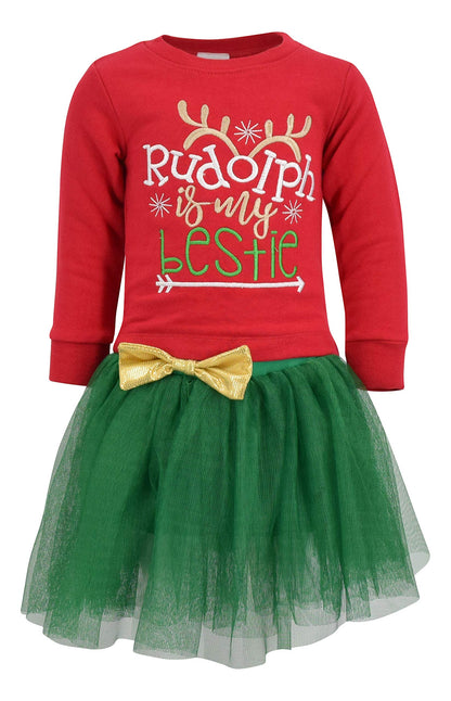 Unique Baby Girls Reindeer is My Bestie Christmas Tutu Dress (6) Red