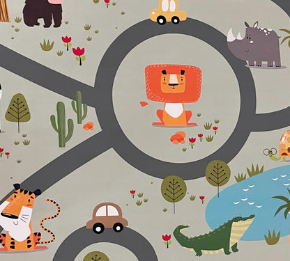 the carpet Happy Life Play mat, washable, for children's rooms, designs: street, road, jungle, animals and cars, green-2, 80 x 150 cm