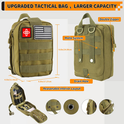Survival Kit, Gifts for Men Women Teen Boys, Includes 252pcs Survival Gear Mini First Aid Kit for Car, Large Capacity Emergency Kit with Molle System for Earthquake, Outdoor Adventure, Travel(Green)