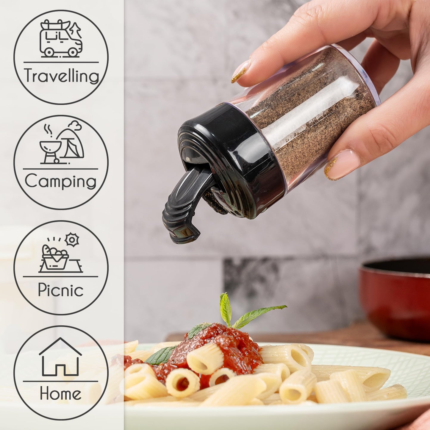 CRYSTALIA Clear Plastic Camping Salt and Pepper Shakers, 2 Pack Mini Salt and Pepper Shakers with Lid, BPA Free Plastic Condiment Containers for Picnic, Camping, Travel, Work, Purse, Catering