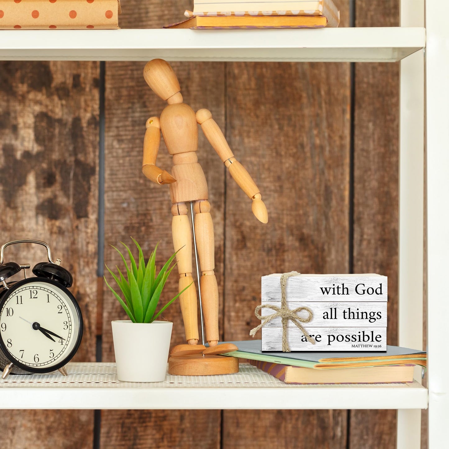 Mini Decorative Books For Home Decor, Small Christian Table Faux Wood Book Stack Decor, With God All Things Are Possible Bible Stacked Book Decor, Stack Display Book For Shelf, Three Pieces -A(02)