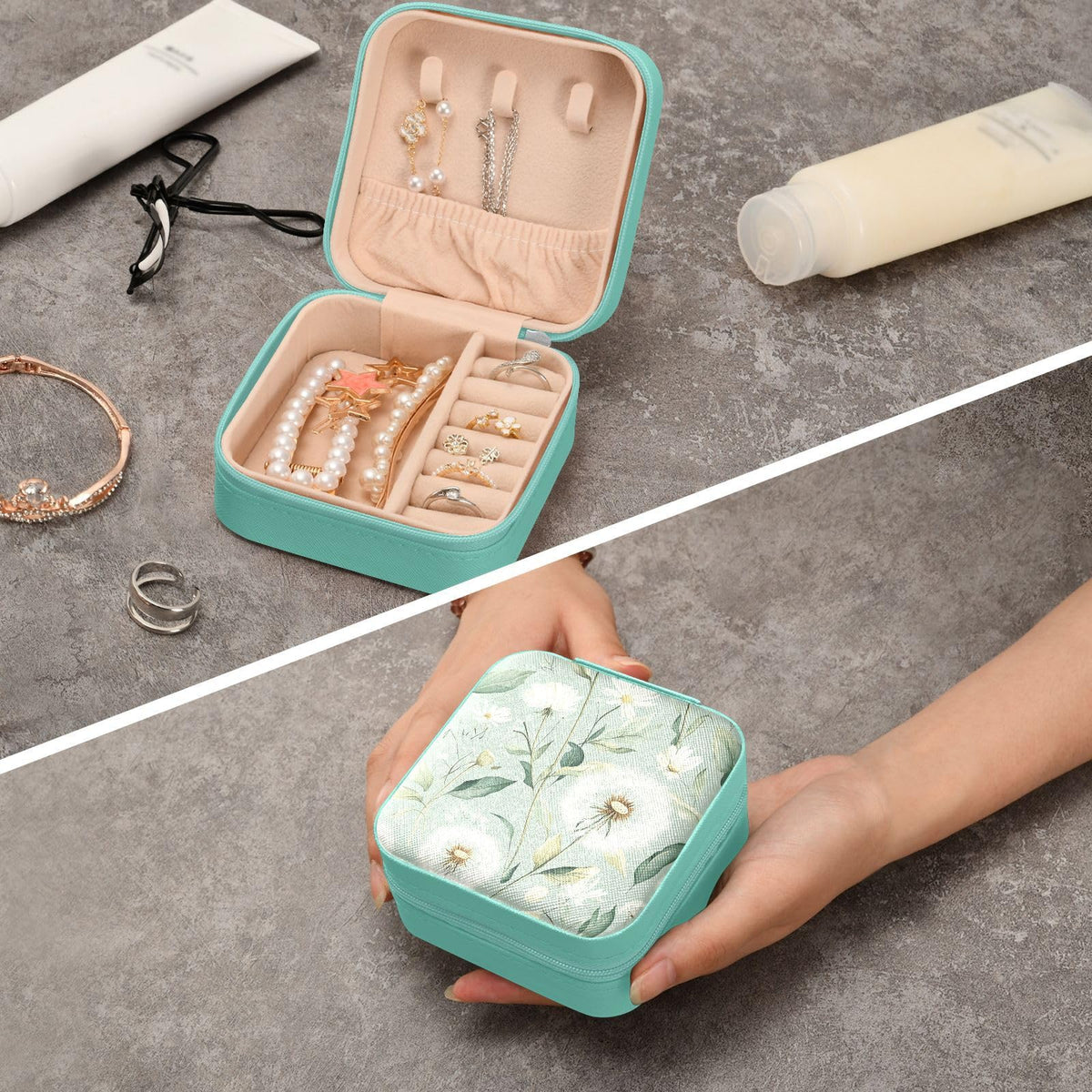QwThum Travel Jewelry Case Jewelry Box Organizer for Women Girls Man Small Mini Portable Jewelry Storage Box for Earring Ring Necklace Polka Dots Green