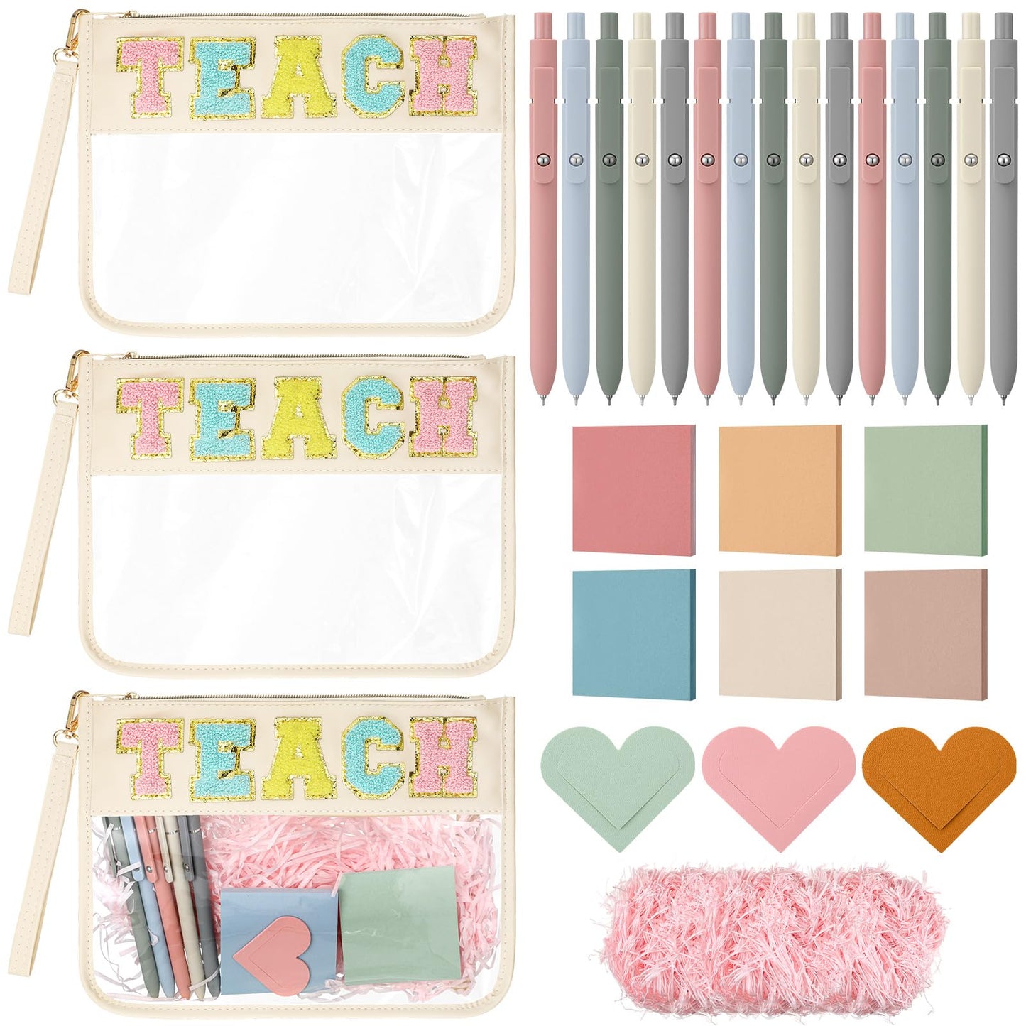 Eaasty 3 Sets Teacher Gifts Bulk Thank You Teachers Appreciation Gifts for Women Teach Chenille Letter Clear Makeup Bag Gel Pens Sticky Note Heart Bookmark Raffia for Graduation Back to School Gift