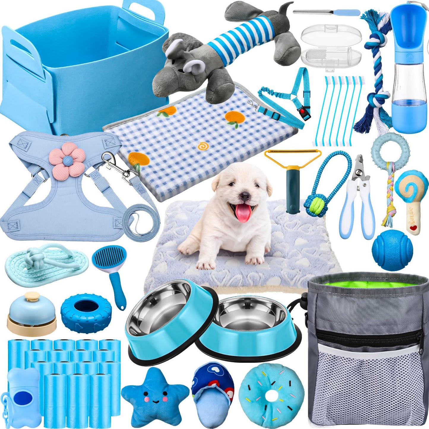 Abbylike 50 Pcs Puppy Supplies Starter Kit for Small Dogs Puppy Essentials Includes Leash, Bowls, Teeth Brushes, Water Bottle, and More Accessories for Dogs Pet Day Welcome Gift(Blue)