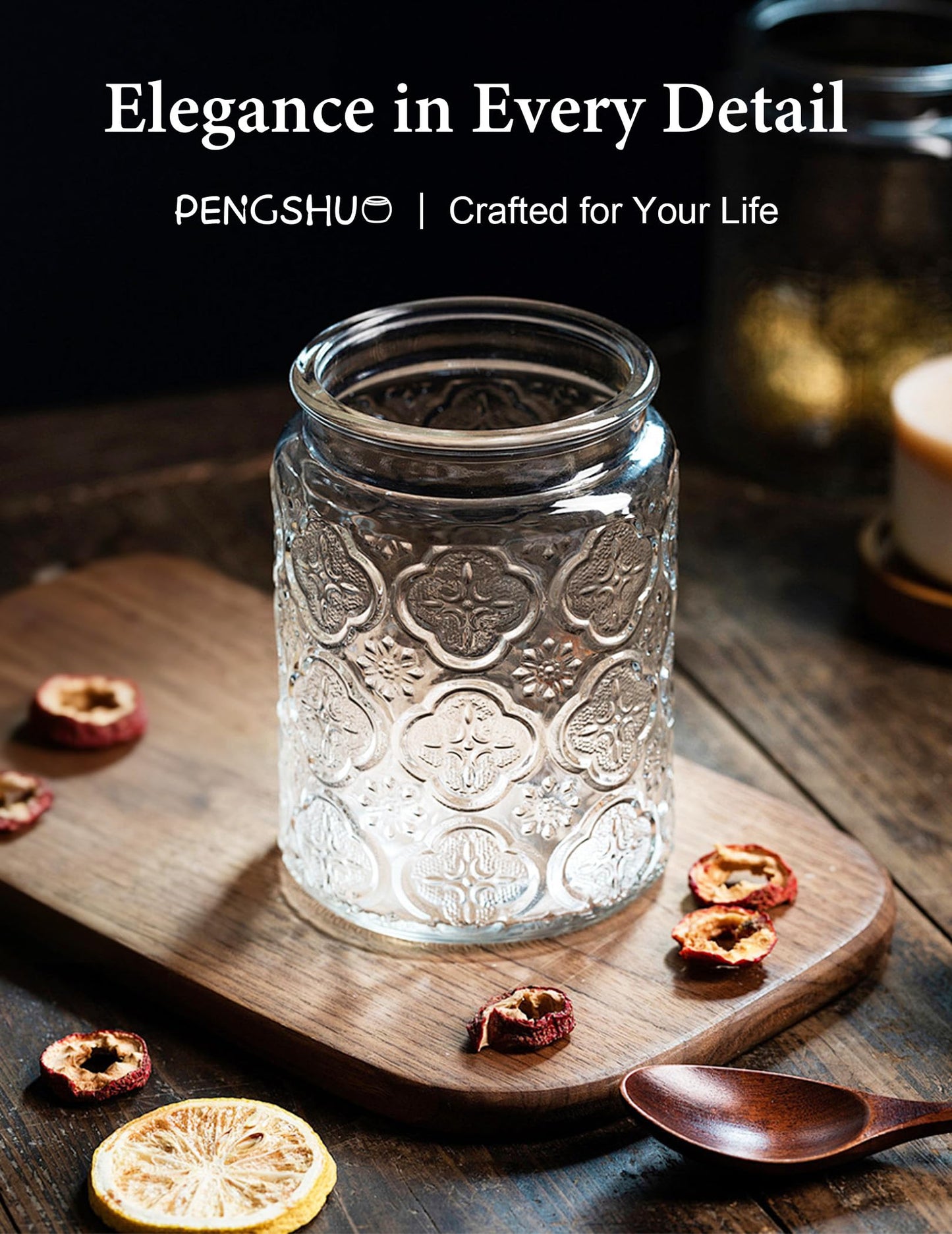 PENGSHU Vintage Glass Jar with Wood Lid - Christmas Airtight Canisters for Kitchen Countertop Bathroom, Storage Candy, Cookie, Coffee, Apothecary, Sugar, Flour,Pet Treat (Begonia, 34oz/1000ml)