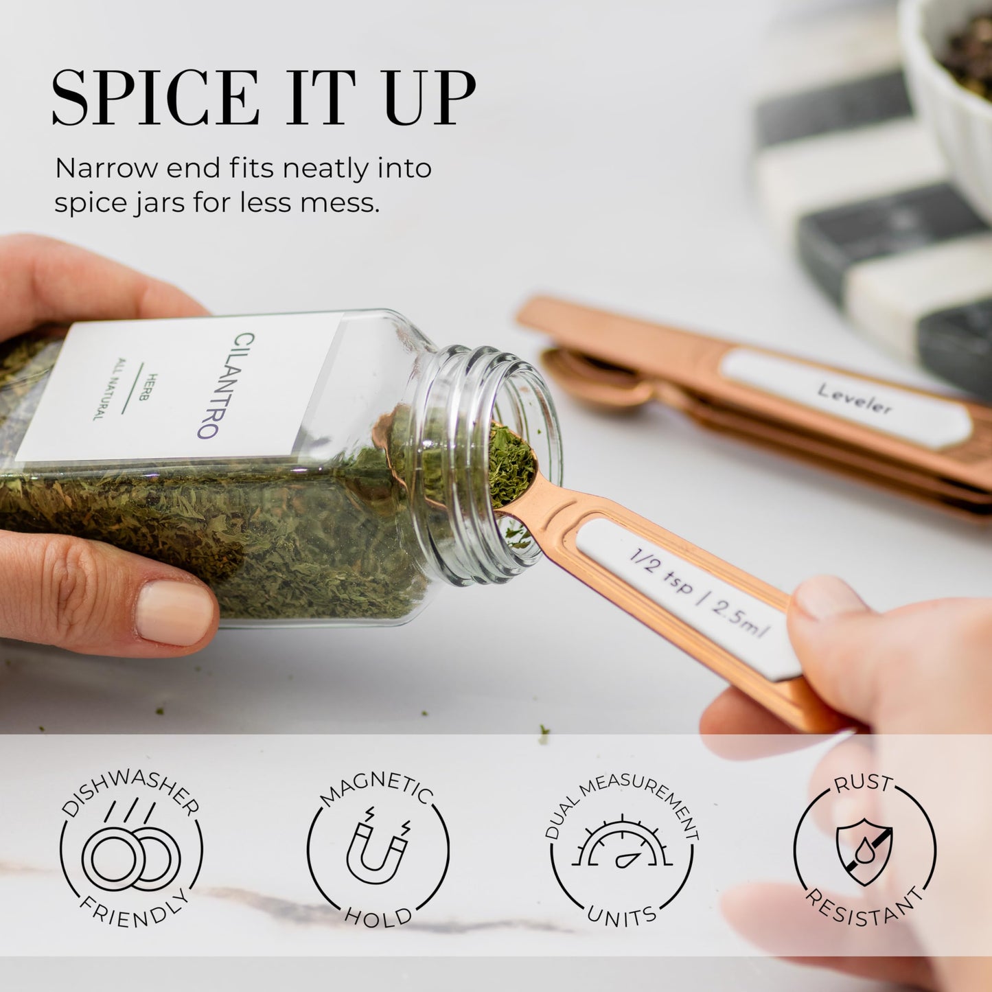 Copper Measuring Spoons Set with Leveler – 8-Piece Double-Sided Nesting Magnetic Measuring Spoons, Stackable & Spice Jar Friendly – Stylish Copper Kitchen Accessories and Decor for Baking and Cooking