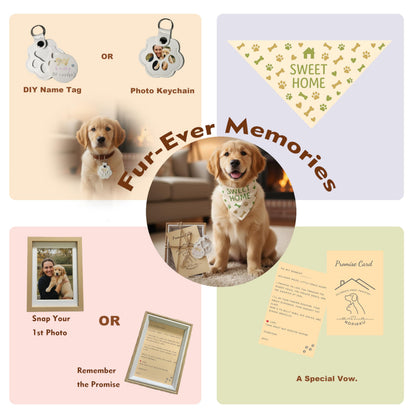 Nopikku Sweet Home Pet Welcome Gift Box for New Dog Owners, Keepsake Set with Bandana, Paw Print Name Tag, Promise Card & Photo Frame, Thoughtful Gift for Puppy Adoption