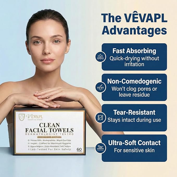 VÊVAPL® - VEVAPL Clean Facial Towels XL – 60 Towels | 100% Viscose, Disposable