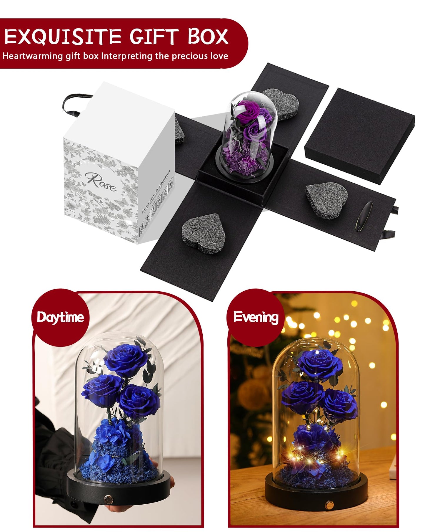 Valentines Day Flowers Roses Gifts for Her,Forever Real Preserved Roses in Glass Dome,Valentines Day Anniversary Birthday Gifts for Wife Girlfriend Women Mom Best Friend Her/Purple Rose