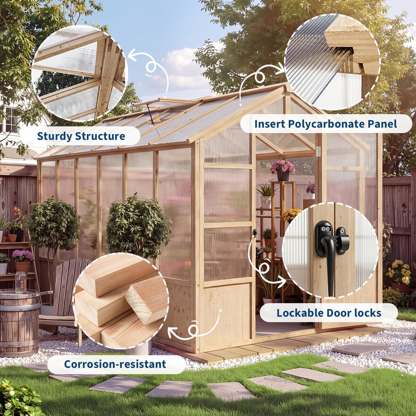6x12 FT Wooden Greenhouse for Outdoor, Walk-in Greenhouse Kit with Ventilated Window & Lockable Door & Polycarbonate Panels, Large Wood Frame Green House for Garden, Backyard, Patio, Lawn, Plant