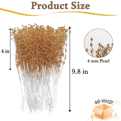 ZJJZGYXINTAI 60 Pieces Pearl Stick Stems Bouquets, 4mm Bead String Garland Beaded Spray Filler Floral Arrangements Tree Picks Wedding Party Decoration, Christmas Tree Picks (Gold)