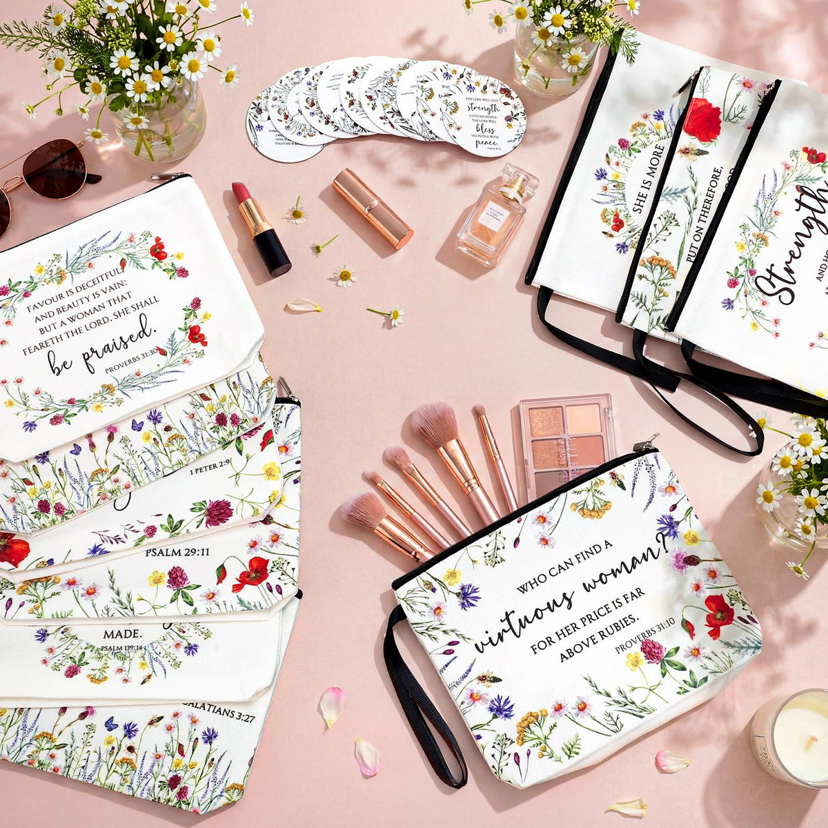 Kacctyen 20 Sets Christian Mother's Day Makeup Bag Bulk Christian Gift for Mother Religious Pocket Compact Mirror Inspirational Bible Cosmetic Bag with Zipper for Women Mom Church Member (Wildflower)