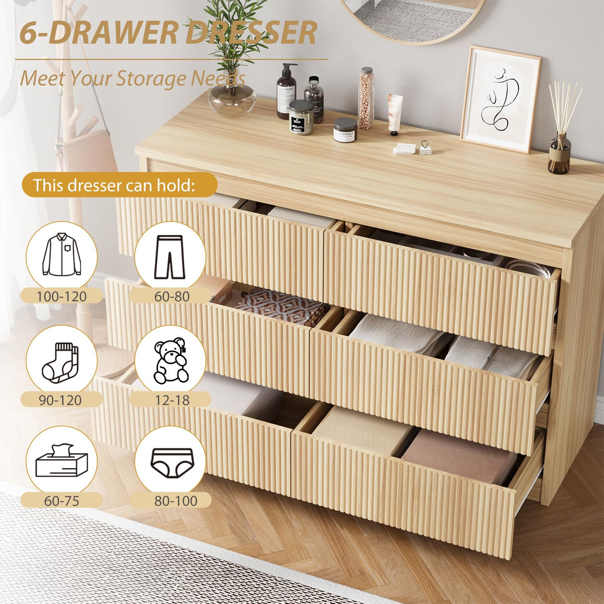 Jocoevol 6 Drawer Fluted Dresser, Modern Chest of Drawers for Bedroom with Hidden Handles, Wood Storage Organizer Cabinet for Living Room & Entryway, Natural Oak (15.7" D x 47.3" W x 31.6" H)