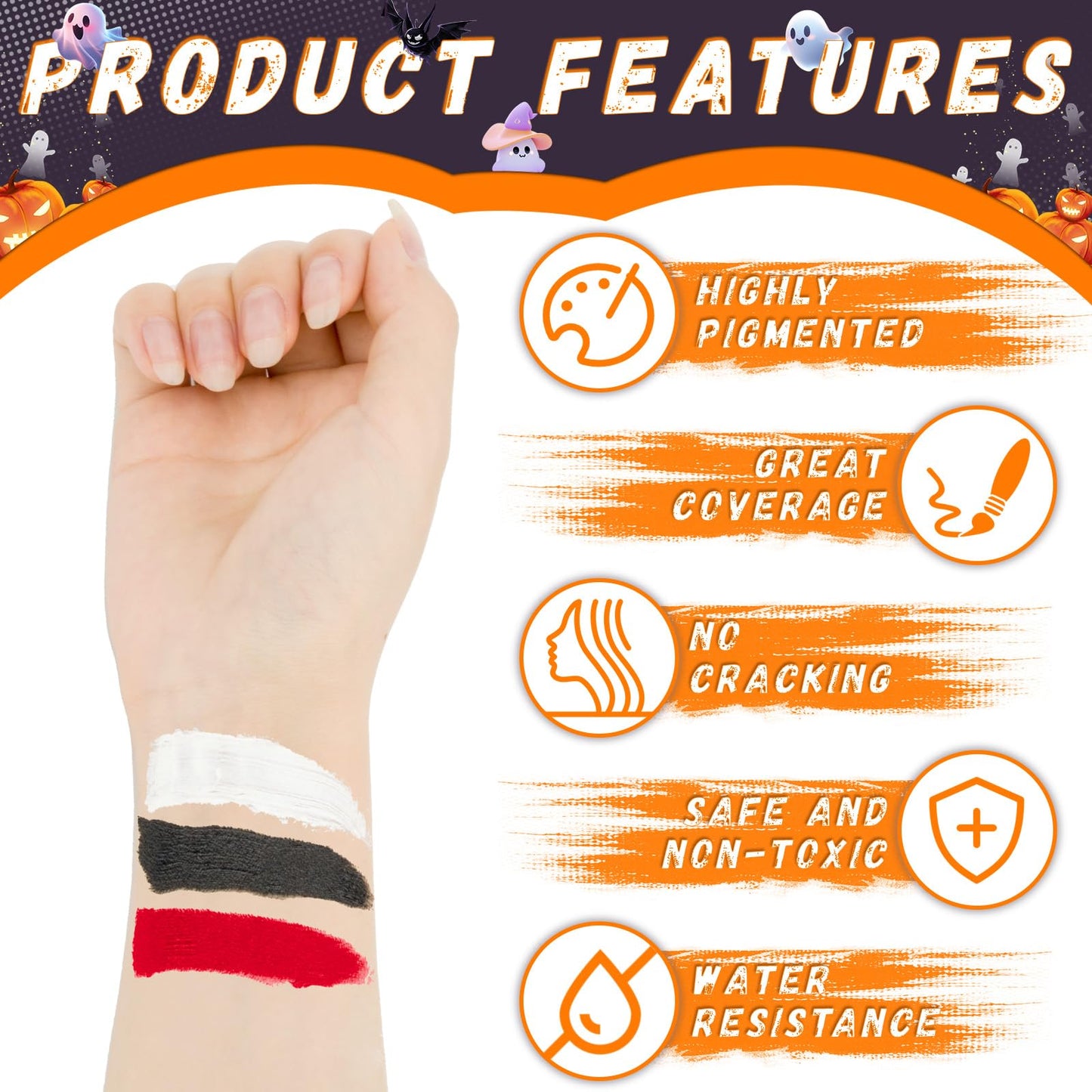 TonJin Black + White + Red Face Body Paint Set 5.28oz,Non-Toxic Professional Paint Palette Kit with 3 Brushes for Kids & Adults Art Theater Halloween Party Cosplay Clown Corpse Paint SFX Makeup