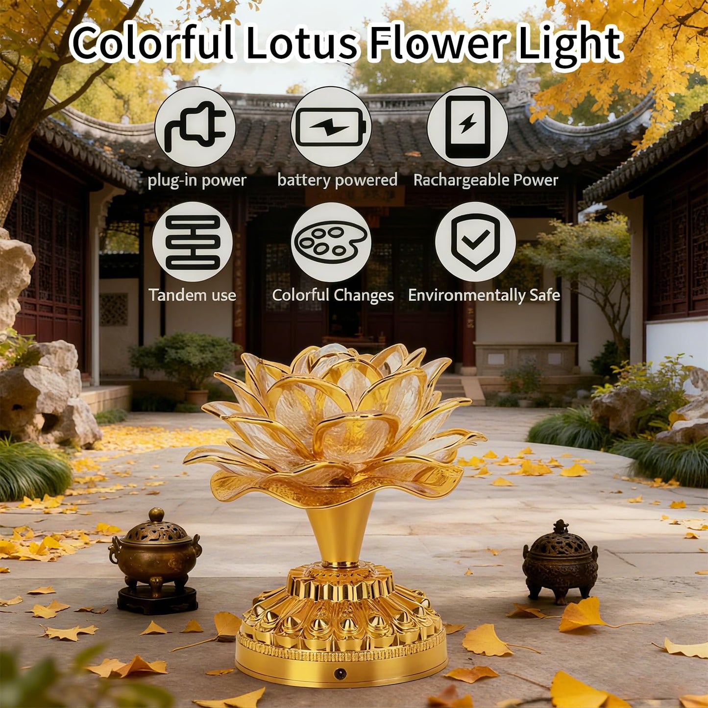 yaogohua 7 Colorful LED Lotus Lamp,5.1x5.1in Lotus Buddhist Lampfor Buddha Occasions, Buddhist Supplies (100-240V) - Golden