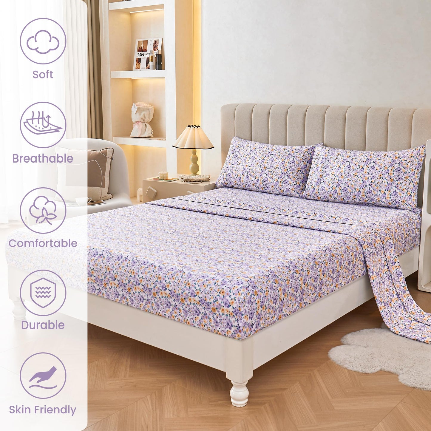 Mooreeke Floral Twin 3 Pieces Bed Sheets, Soft Microfiber Bedding Sheets & Pillowcases, Deep Pocket Non-Slip Vintage Twin Sheet, Purple Yellow Flower Pattern Bedsheets