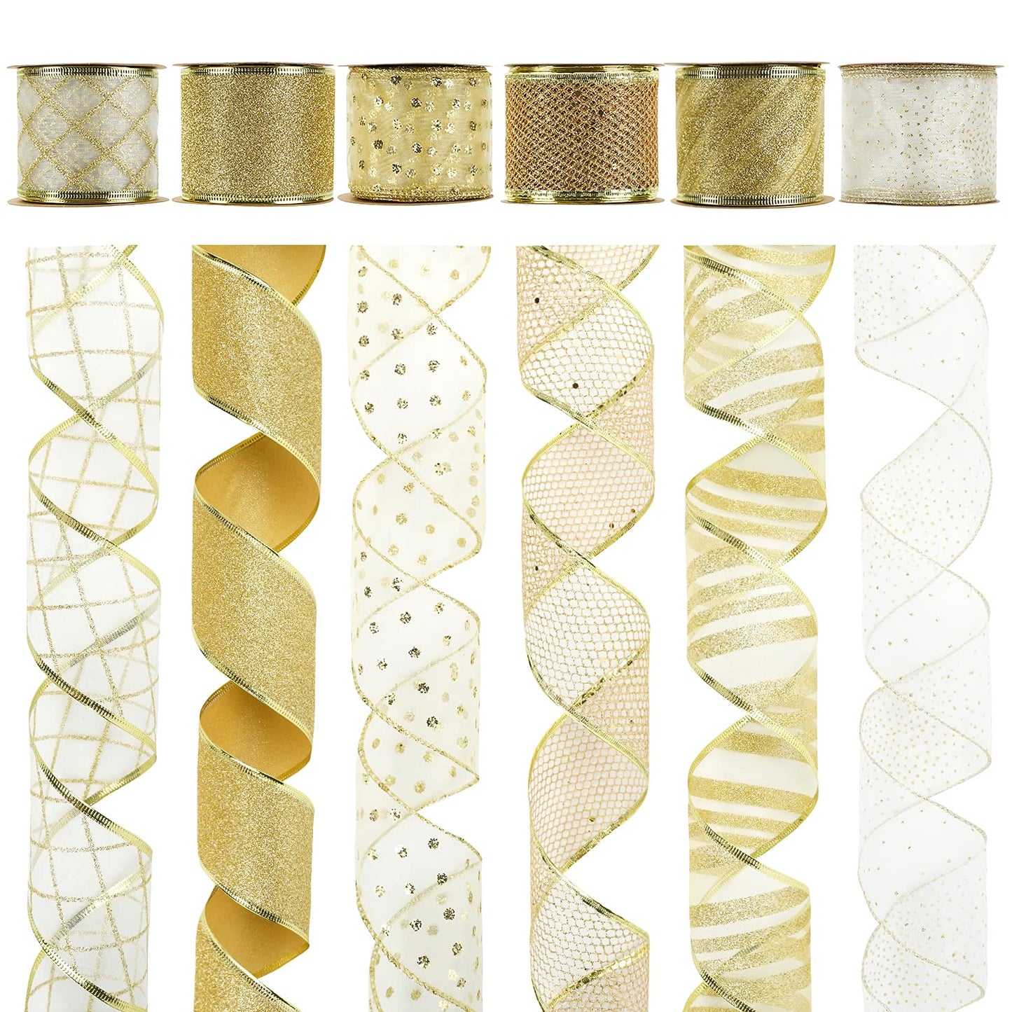 MEEDEE Gold and White Ribbon for Christmas Trees - 2.5 Inch, 6 Rolls, 36 Yards - Gold Wire Mesh Ribbon for Wreaths and Tree Decoration