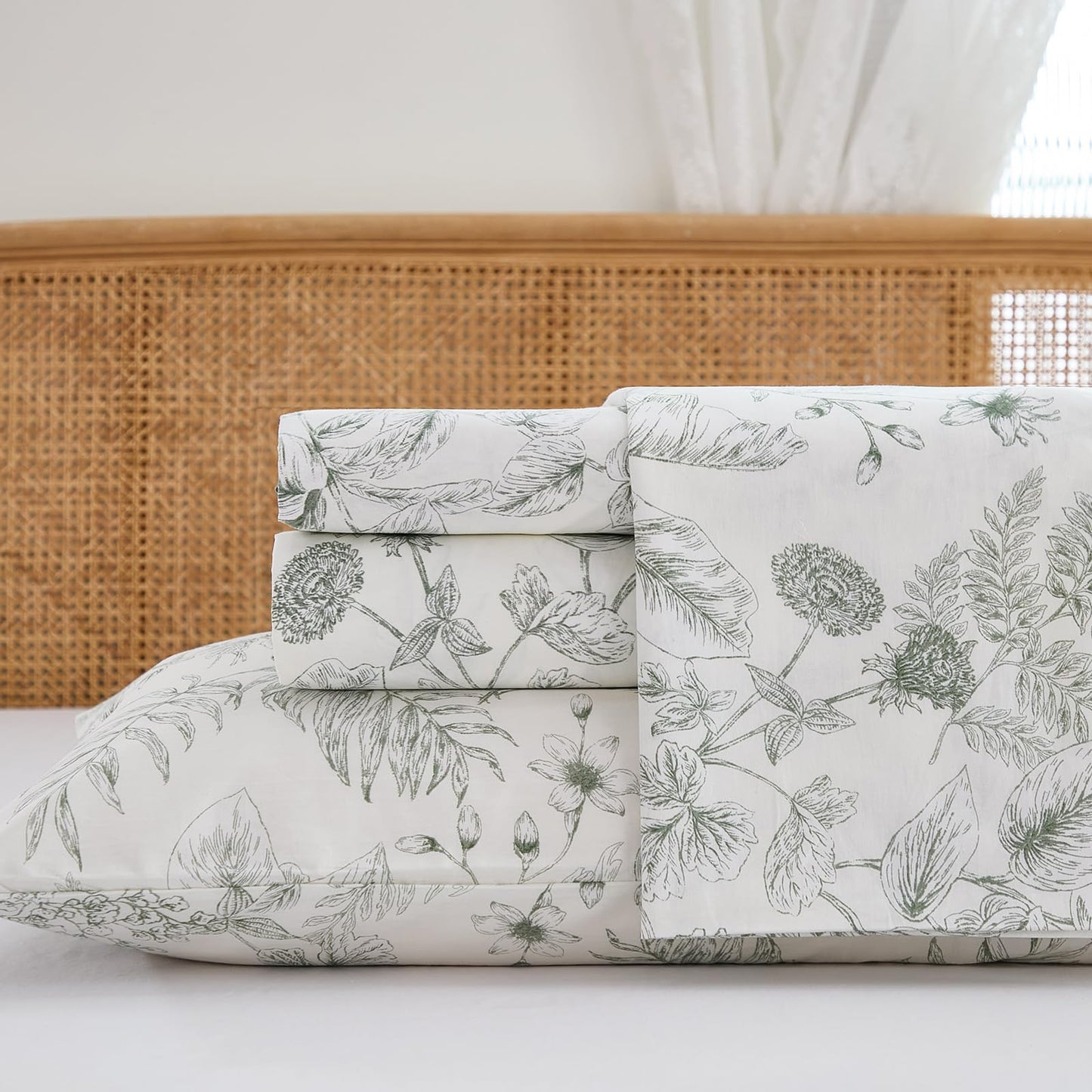 Cozaline 100% Cotton Sheet Set Queen Size – 4-Piece Chic Garden Floral Bedding Set, Soft Breathable Percale Weave, Deep Pocket Fitted Sheet 17.5", Crisp Cool Feel, Refined Botanical Elegance