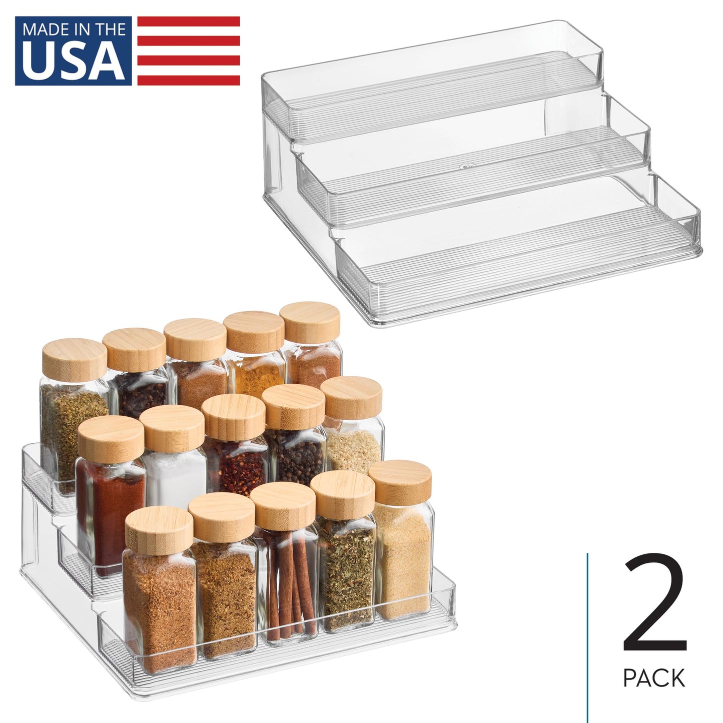 iDesign 3-Tier Spice Rack Organizer for Cabinets, Pantry or Countertop, Set of 2, Clear, Made in USA