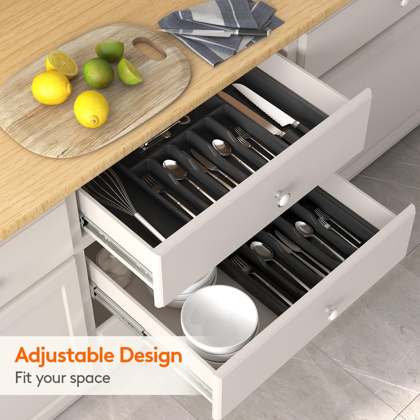 Lifewit Large Cutlery Drawer Organiser, Extendable Cutlery Tray, Kitchen Utensil Spoons Forks Knives Holder Storage, 8 Compartment, Black