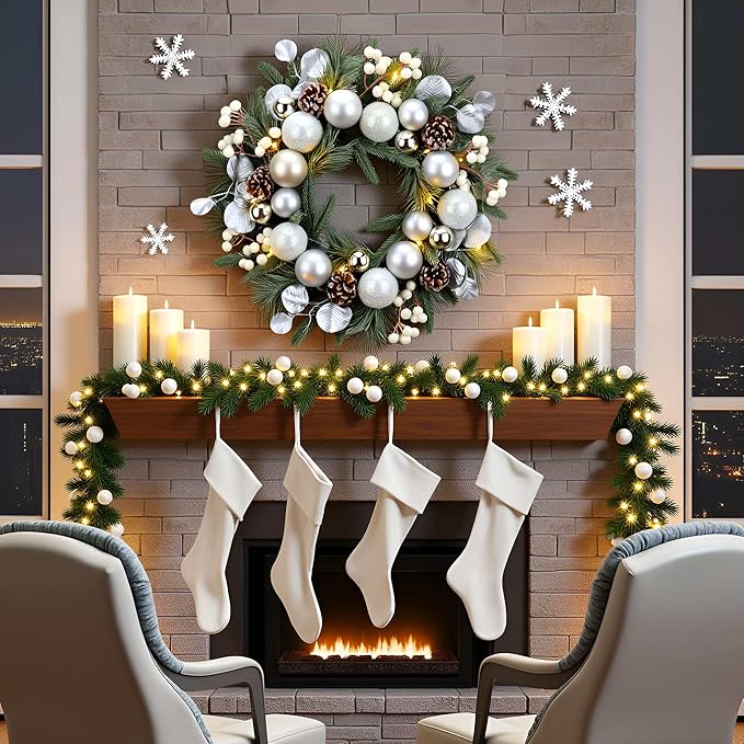 YULETIME 20-inch Christmas Wreath, Battery Operated Holiday Wreath with 20 Fairy Lights, Silvery Baubles, White Berries, Pine Cones, Silvery Leaves, Frosted Spruce Branches & Pine Needles (Silver)