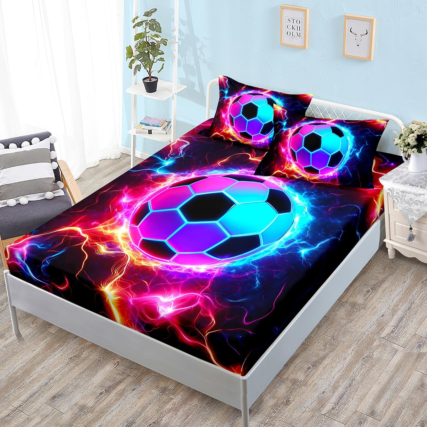 HOSIMA Soccer Fitted Sheet Full for Kids,Football Wrapped in Lightning Print Sports Bedding for Boys Room Decor,Neon Lightning Pattern Soccer Bedding,1 Fitted Sheet+2 Pillowcases.