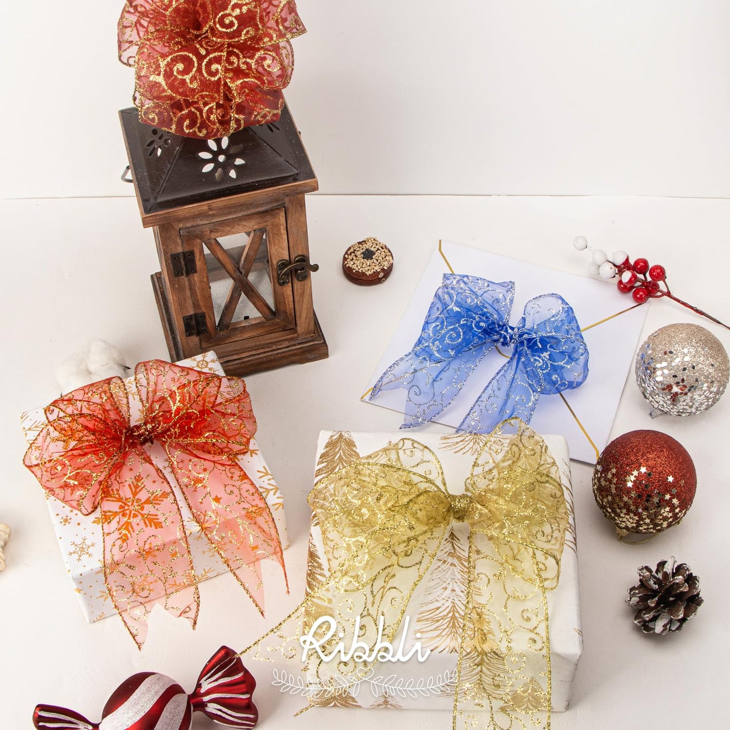 Ribbli Swirl Glitter Wired Ribbon, Red Organza Sheer with Gold Glitter Swirl Pattern and Gold Metallic Edge,2-1/2Inch x 10Yards Christmas Ribbon for Tree Decoration