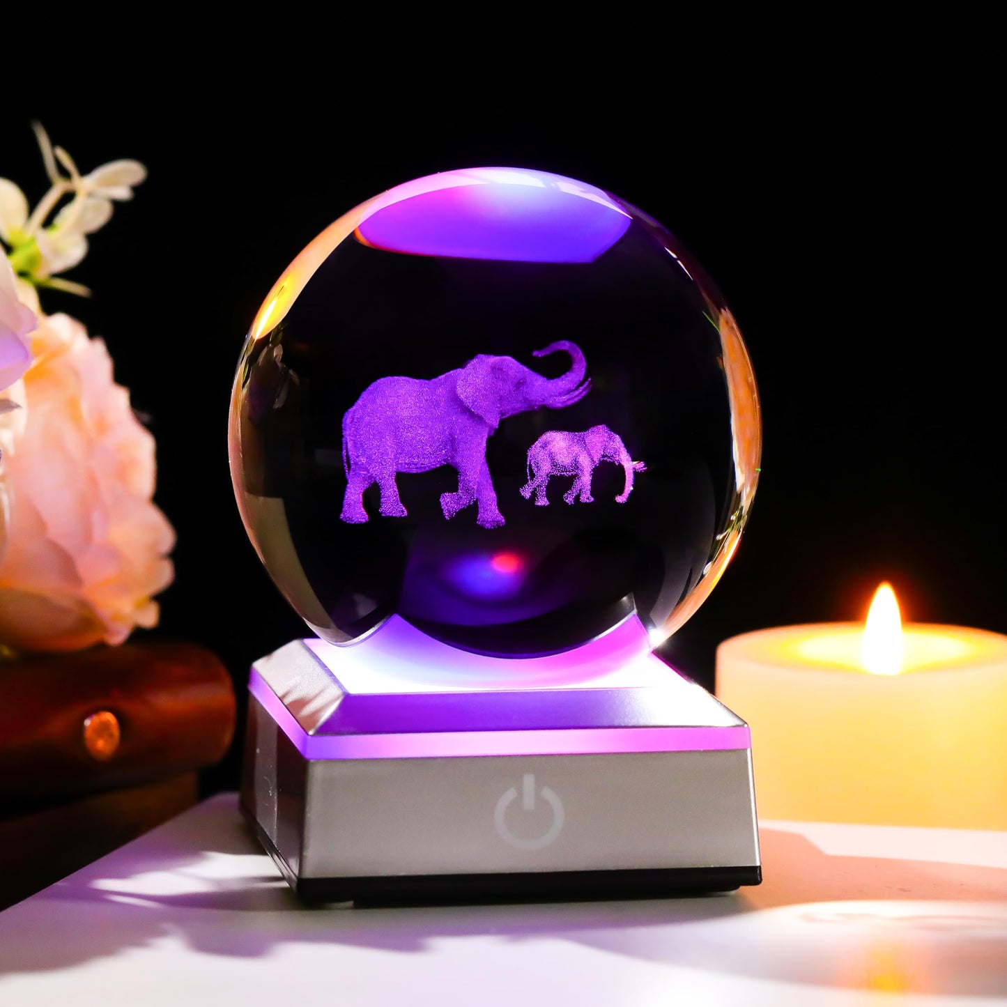 3D Elephant Crystal Ball Figurines Gifts with LED Base - Elephant Gifts for Women Mom on Christmas Birthday Mother Day Glass Elephant Statues Gift for Elephant Lovers Elephants Desk Decor Night Light