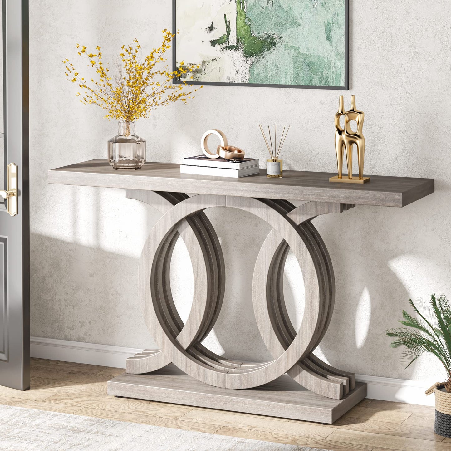 Tribesigns 55 inches Console Table with Geometric Base, Farmhouse Hallway Table, Wooden Entryway Sofa Table, Unique Long Accent Table for Decoration and Organization (Grey)