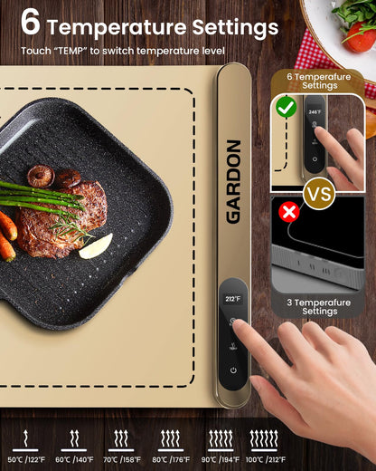 Gardon Warming Mat for Food - 18"x11" Food Warmers for Parties Buffet, Electric Warmer Tray with 6 Temp Settings, Portable Silicone Heating Pad, Kitchen Gadgets & Gifts for Party Home Travel, Beige