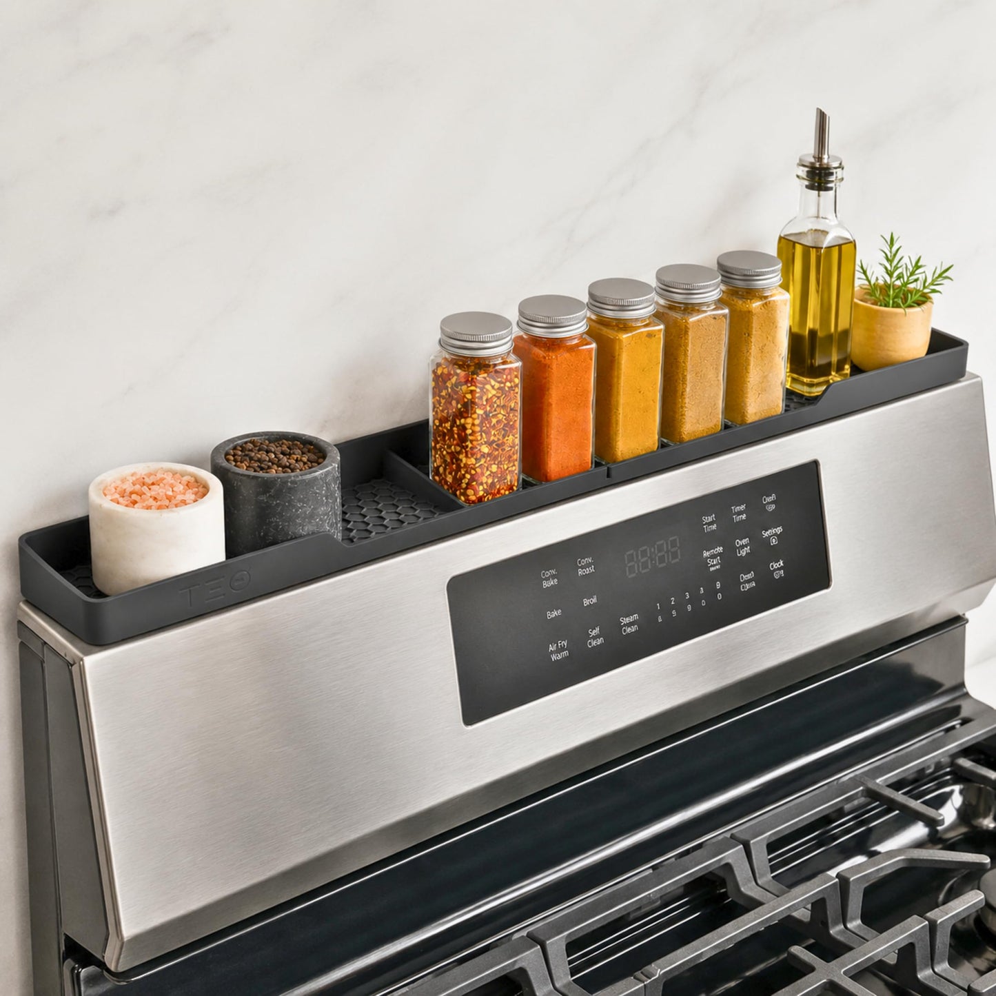 TEO Silicone Magnetic Stove Top Shelf – 30 Inch Over Stove Spice Rack, Shelf for Back of Range, Kitchen Stovetop Storage Organizer, Black
