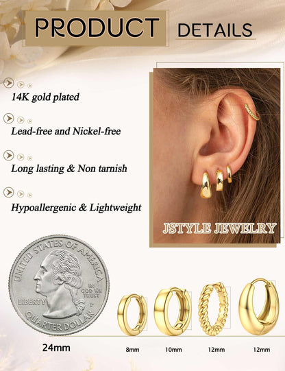 Jstyle Small Gold Hoop Earrings for Women Trendy 14K Gold Plated Huggie Earring Stacks Hypoallergenic Huggie Earrings Set Dainty Chunky Cartilage Earring Sets for Multiple Piercing Jewelry Gift