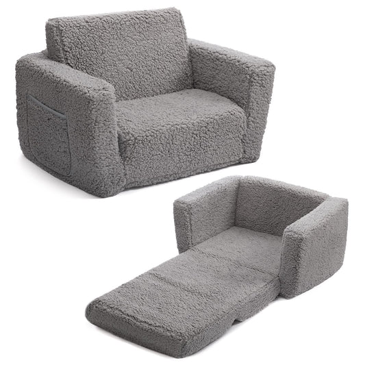BEJOY Kids Sofa Bed 2-in-1 Flip Out Cuddly Sherpa Toddler Couch Convertible Chair to Lounger Children Sofa Bed Children's Day and Birthday Gift for Girls Boys, Grey