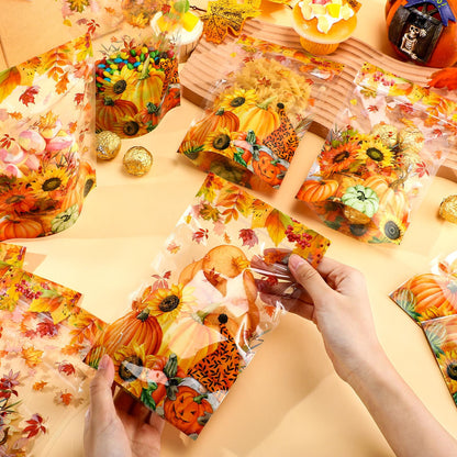 Capoda 100 Pcs Thanksgiving Gift Bags Resealable Clear Fall Treat Bags Maple Leaf Treat Plastic Pouches Pumpkin Favor Pouch for Autumn Harvest Party Candy Small Gift Wrapping Supplies Decoration