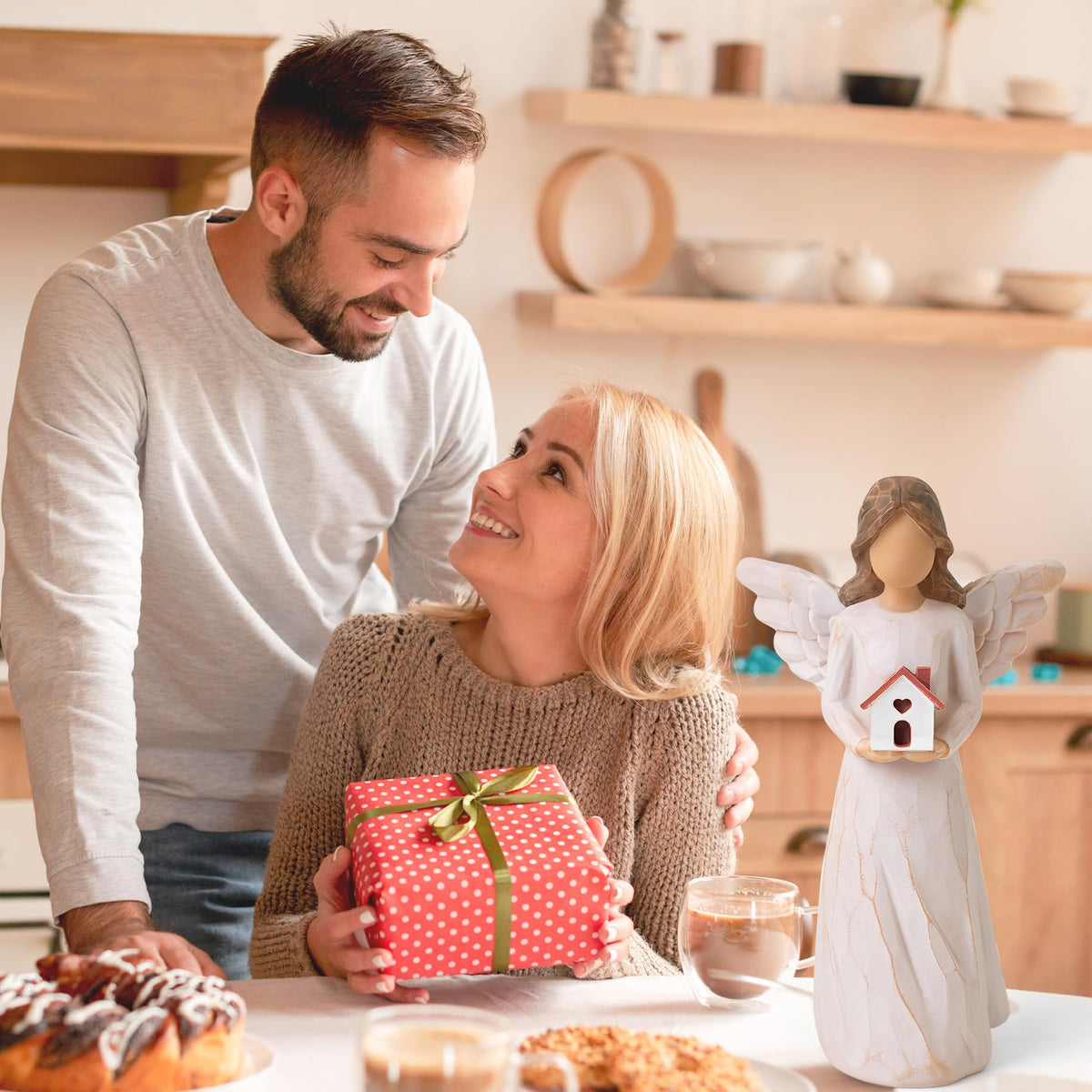 thovorrnl Housewarming Gifts New Home, House Warming Gifts for Women, Men, Couple, First Time Home Buyers, Homeowners, Guardian Angel with House Figurines, Sculpted Hand-Painted Statue