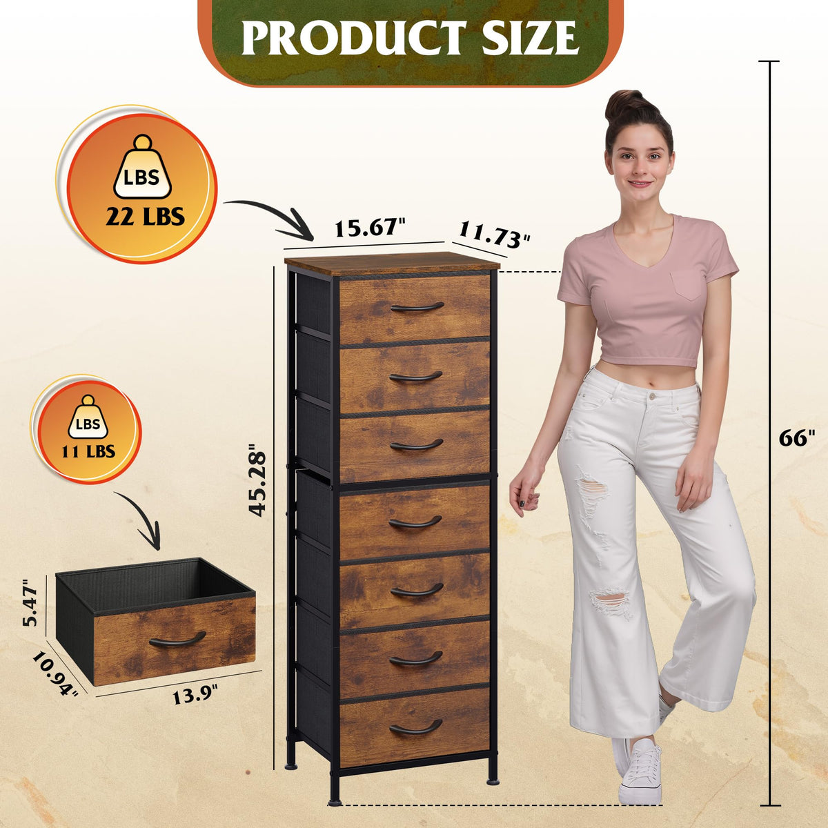 WLIVE Tall Dresser for Bedroom, 7 Drawer Dressers & Chests of Drawers, Fabric Dresser for Closet, Night Stand with Metal Frame, Storage Tower with Fabric Bins, Wood Top, Rustic Brown Wood Grain Print