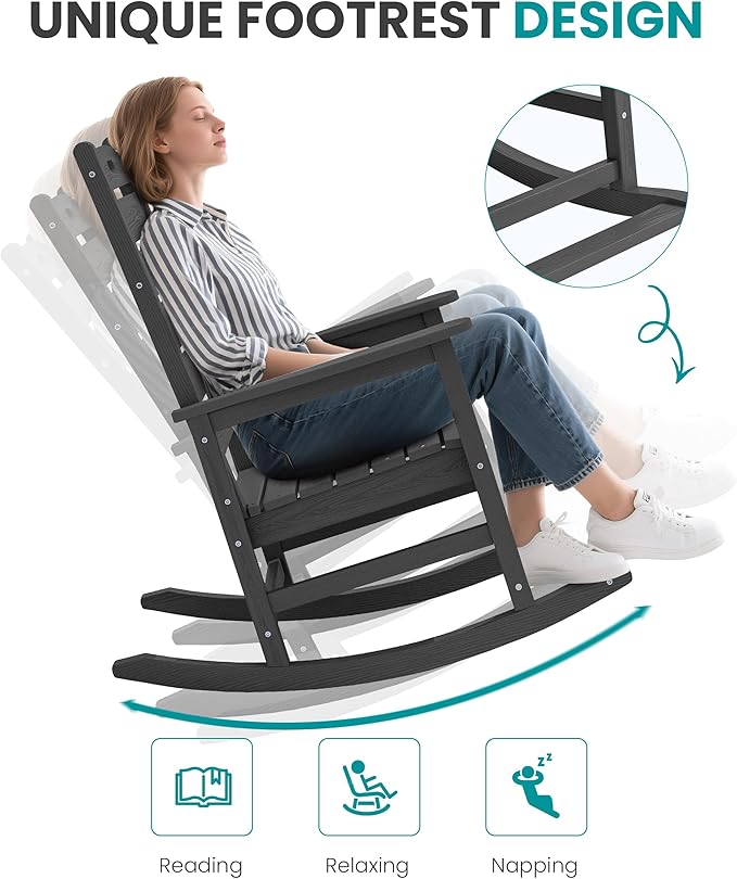 SERWALL Outdoor Rocking Chair, Oversized Rocking Chair with Footrest for Adults, HDPE All Weather Resistant Rocking Chairs for Patio, 350lbs Weight Capacity, Gray