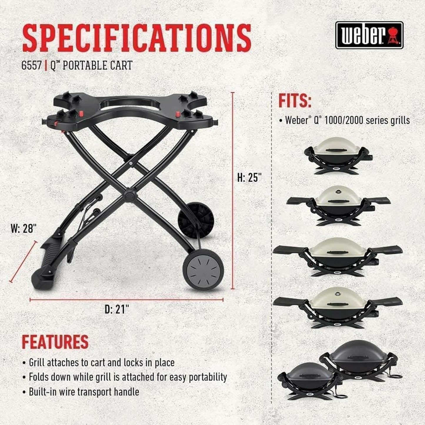 Weber Portable Cart/For Q Series Gas Barbecues, Foldable Design with Wheels, Built-In Wire Transport Handle, 16.5 x 75.5 x 71.5 cm (Collapsed), 63.5 x 53.5 x 71.5 cm (Raised)