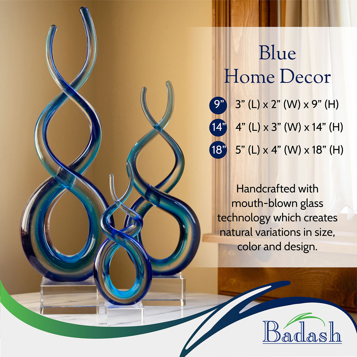 Badash Touch of the Blues Murano-Style Art Glass Sculpture, 14 Inch