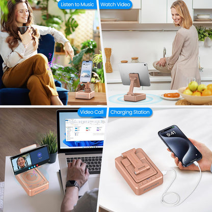 JTEMAN Cell Phone Stand with Bluetooth Speaker,HD Sound Adjustable Phone Holder,Birthday Gifts for Men Women, Cool Tech Kitchen Gadgets for Most Phones and Tablets-Rose Gold