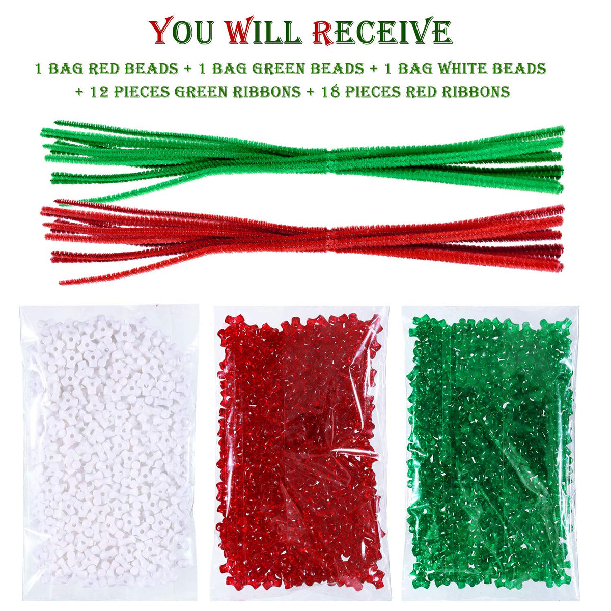 1170 Pieces Christmas Tri Beaded Ornament Kit Christmas DIY Craft Bead Includes 1140 Plastic Tri-shaped Beads 30 Chenille Stems Wreath Candy Cane for Christmas Xmas DIY Holiday Tree Hanging Decoration