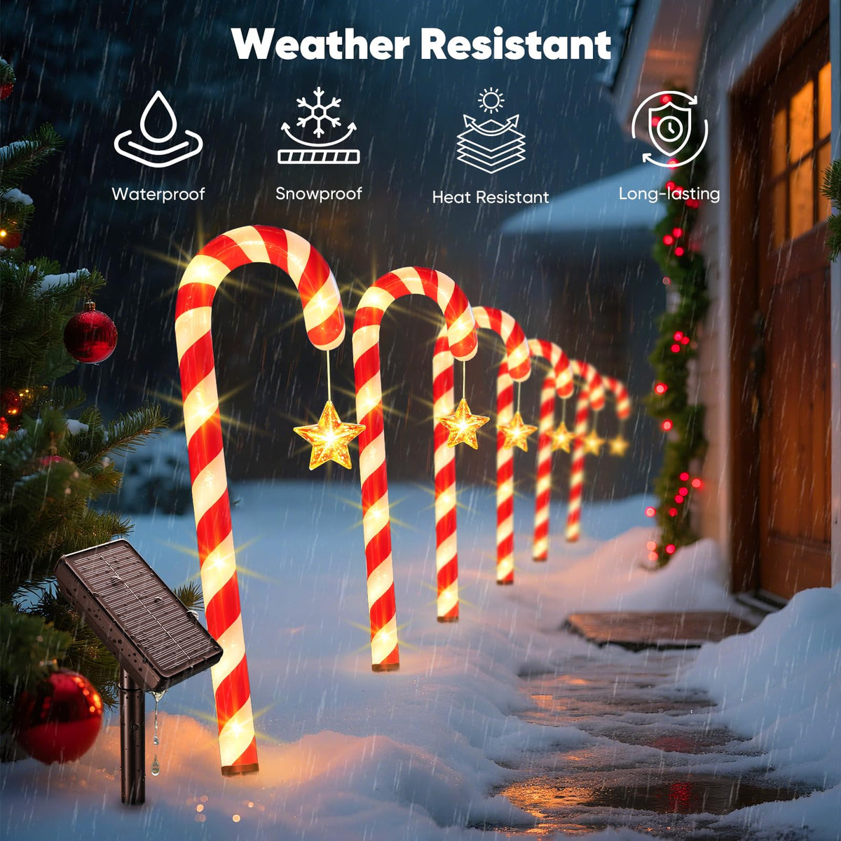 BOMIER Solar Christmas Lights Outdoor Waterproof: 24-Pack Solar Candy Cane Christmas Decorations Outdoor Pathway Lights with Stakes 10 Modes, 144 LED Xmas Decorations for Yard Garden Holiday Decor
