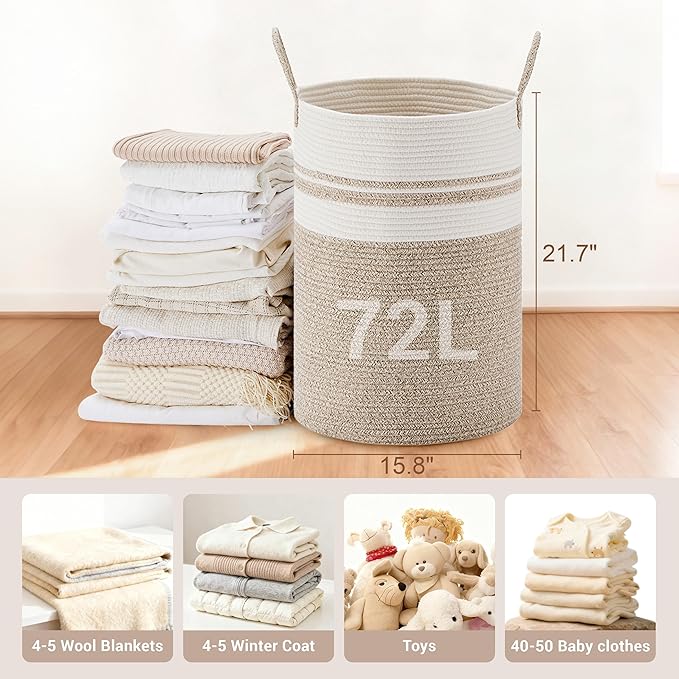 Tall Laundry Basket with Handles, 72L Portable Dirty Clothes Hamper, Boho