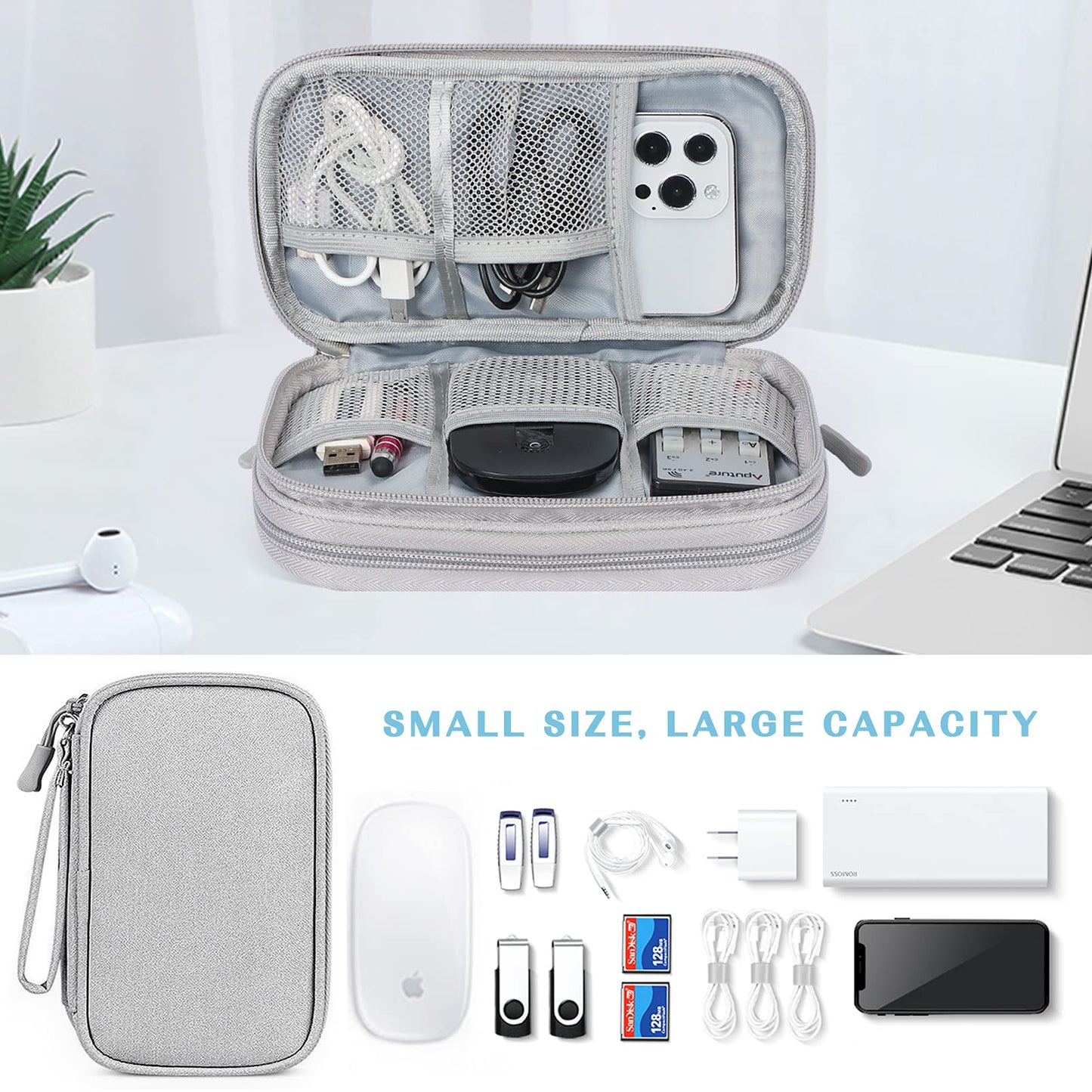 FYY Travel Cable Organiser Bag, Double-Layer Electronics Accessories Organiser Bag, Travel Essentials Universal Carry Travel Bag for Cables, Power Bank, USB Drive, Charger, Hard Disk M-Grey